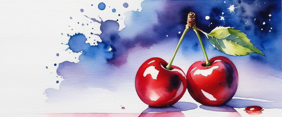 Cherries on blue background. Cherry illustration in watercolor style. Abstract watercolor painting.