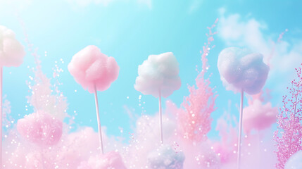 Soft pastel background with colorful cotton candy. Sweet clouds. 