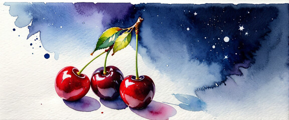 Red cherries isolated on blue ink smeared background. Cherry illustration in watercolor style.
