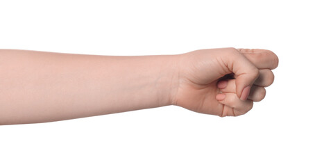 Playing rock, paper and scissors. Woman showing fist on white background, closeup