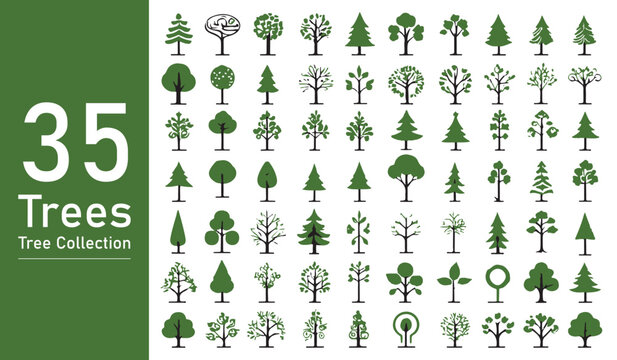 silhouette tree line drawing set, Side view, set of graphics trees elements outline symbol. silhouette tree line drawing set, Side view, set of graphics trees elements outline symbol.