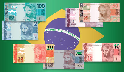 Set of Brazilian real banknotes with Brazilian flag. Vector illustration.