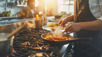 A skilled cook expertly prepares a delicious street food dish indoors, using a wok and other...