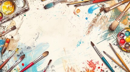 Art Supplies and Paint Splatters Background