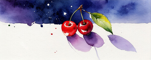 Cherry with leaves. Isolated on ink smeared background. Cherry illustration in watercolor style.