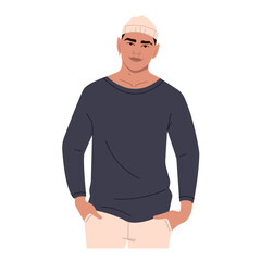 Fototapeta premium A young man in a hat stands with his hands in his trousers pockets. A male character in a relaxed pose. A man is posing. Vector illustration in a flat style, isolated on a white background
