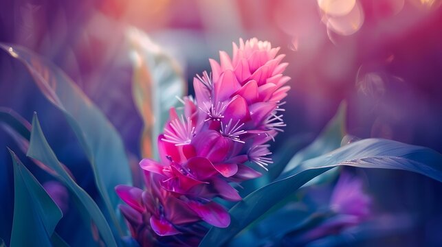 Blooming Exotic flower, Macro photo. Floral background in violet purple tones with soft selective focus. Image for cards, invitations, banners.
