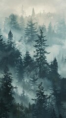 Misty Forest Filled With Dense Trees