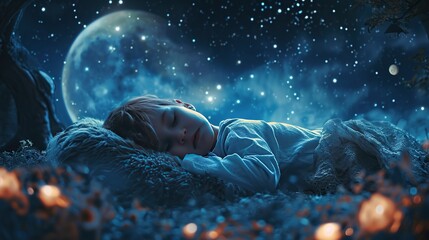 A young boy sleeps peacefully in a moonlit forest, evoking a serene and dreamlike atmosphere ideal for children's stories and bedtime themes, with ample room for text in the mystical setting.