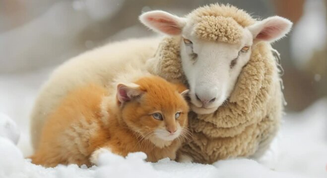 a sheep and a cat in the snow footage