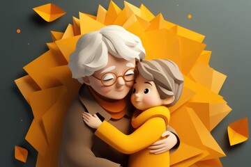 Fototapeta na wymiar grandma hug child paper art illustration