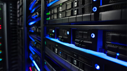 Obraz premium Monitor show information of network traffic and status of devices in data center room