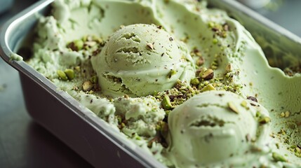 Scoops of pistachio ice cream garnished with nuts and toppings, presented in a metal tray, perfect for culinary presentation and dessert inspiration with a clear area for text.