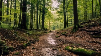 Obraz premium Wood chip trail for running through forest in Switzerland.