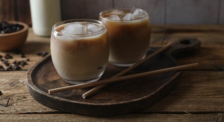 Refreshing iced coffee with milk in glasses and straws on wooden table