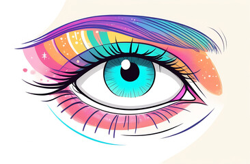 Fototapeta premium Illustration of an eye with a blue pupil and colorful shadows. Abstract logo design element. Design concept for contact lenses, optical store, makeup, visage and cosmetics.