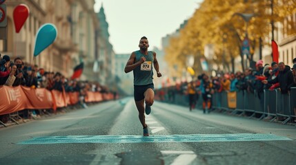 A marathon runner crosses the finish line, a moment capturing the triumph of endurance sports, ideal for fitness and competition themes - obrazy, fototapety, plakaty