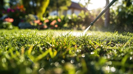 Lawn Pest Control: Man Spraying Pesticide in Garden - obrazy, fototapety, plakaty