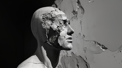 A black and white composition captures a decaying statue's face, symbolizing the passage of time and forgotten history, ideal for use in themes related to art