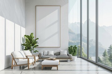 Minimalist Living Room Interior with White Poster and Large Window