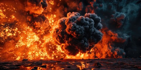 Extreme Inferno Explosion with Blazing Black Smoke in 3D Rendering