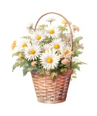 Watercolor illustration of a wicker basket with bouquet of chamomiles isolated on white background.