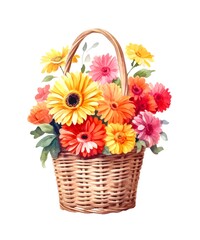 Fototapeta na wymiar Watercolor illustration of a wicker basket with bouquet of gerberas isolated on white background.