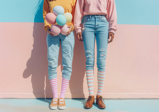 Hipster Couple posing and holding Easter eggs. Waist shot. Pastel color background.
