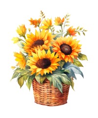 Watercolor illustration of a wicker basket with bouquet of sunflowers isolated on white background.