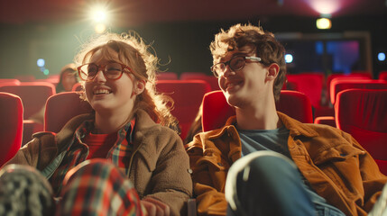 Cinematic Adventure Teenage Couple Enjoying a Movie Date at the Cinema - obrazy, fototapety, plakaty