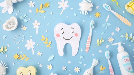 A paper crafted background with cute doodles of toothbrushes, toothpaste, and dental floss. The text space can be in the shape of a tooth - obrazy, fototapety, plakaty