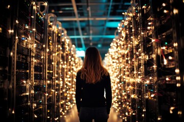 Female technician in server data storage room with blinking lights and rows of servers - obrazy, fototapety, plakaty
