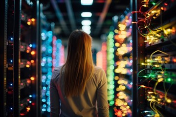 Female technician amidst blinking lights and rows of servers in server data storage room