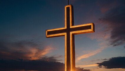 Ethereal glow behind the Cross of Jesus at sunset, capturing the essence of Christian spirituality. 