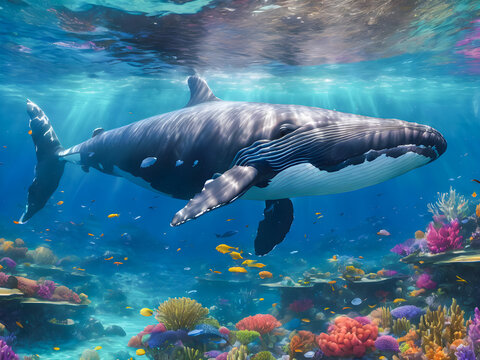 Humpback whale swimming in a coral reef.