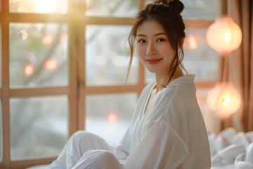 beautiful young Asian woman in White pajamas. Concept Beauty, Young Asian Woman, White Pajamas, Morning Routine, Relaxation