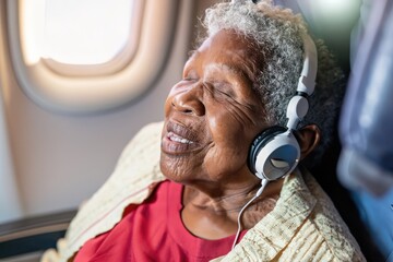 old woman sleeping, grandmother sleeps, elderly person asleep, woman with headset, person sitting in a plane, black senior female