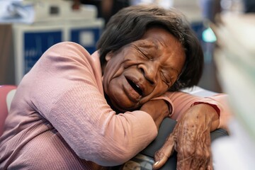 Fototapeta premium old woman sleeping, grandmother sleeps, elderly person asleep, woman with headset, person sitting in a train, black senior female