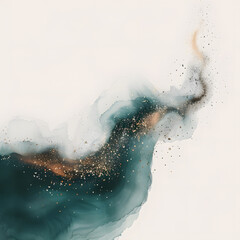 An abstract composition of flowing ink resembling smoke, embellished with gold flecks, creating a sense of fluid motion.

