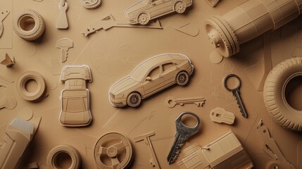 A paper crafted background with sketches of cars, keys, and tires. The text space can be in the shape of a car