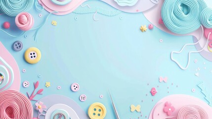 a paper crafted background with cute doodles of yarn, buttons, and sewing needles. The text space can be in the shape of a button