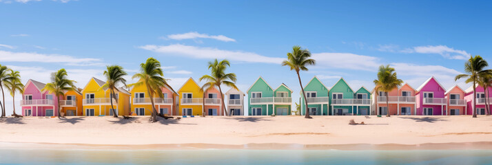 Beach colorful . Sand, sea, ocean, shells, starfish, palm trees, beach houses. Rest, vacation, relaxation. - obrazy, fototapety, plakaty