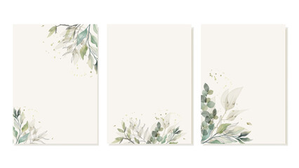 Covers With Watercolor Vector Green Leaves. Set of Backgrounds without text for Wedding Invitation, Flyers, Banners. Vector