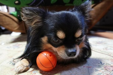 チワワとおもちゃのバスケットボール