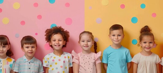 Many children on color background. International Childhood Cancer Day