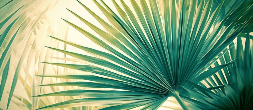 A close up shot of a green palm tree leaf with the sun shining through it, showcasing its intricate lines and vibrant color resembling electric blue.