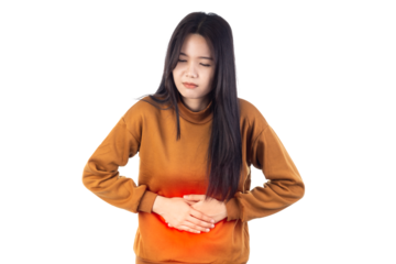 Young Asian Woman has stomachache isolated on white background with clipping path.