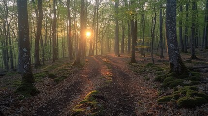 Beautiful forest in spring with bright sun shining through the trees, Forest with Sun