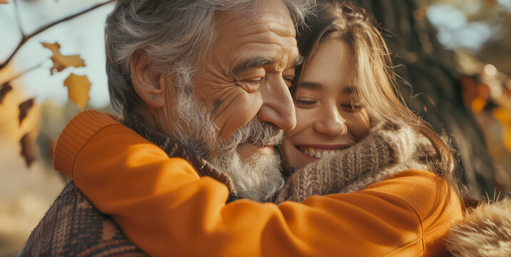 Warm Embrace Joyful Adult Daughter Affectionately Hugs Elder Grey-Haired Father