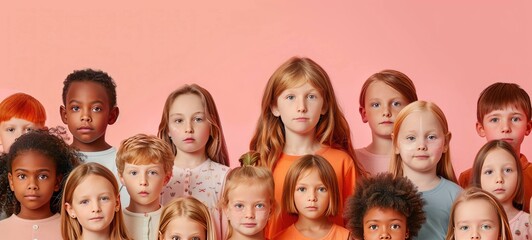 Many children on color background. International Childhood Cancer Day